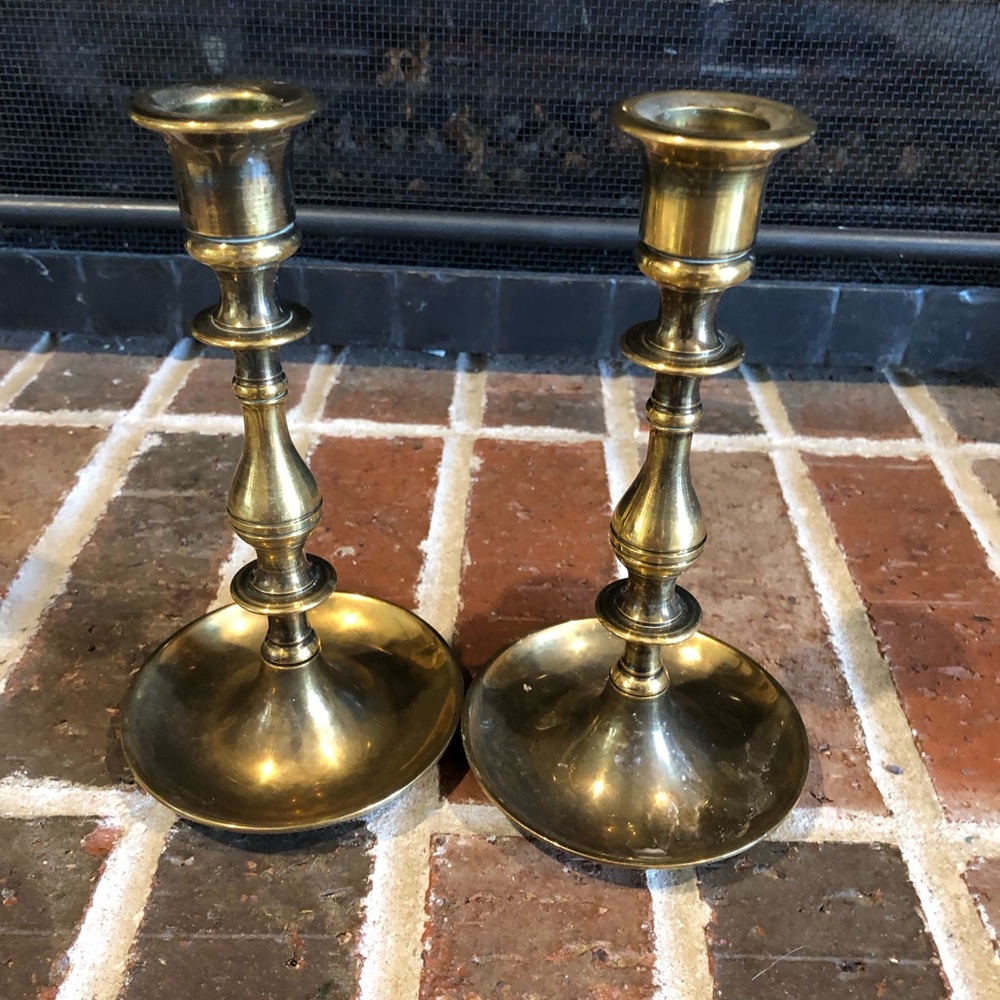 pair of vintage gold brass chamber candlestick holders 7” tall each heavy no 22
